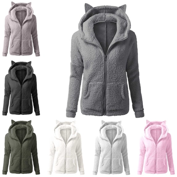 Danhjin Women's Fuzzy Jackets Fleece Hooded Full Zipper Warm Fall Winter Loose Fur Coats Casual Thicken Cozy Comfy Outerwear Jackets