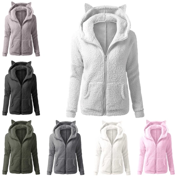 Danhjin Women's Fuzzy Jackets Fleece Hooded Full Zipper Warm Fall Winter Loose Fur Coats Casual Thicken Cozy Comfy Outerwear Jackets