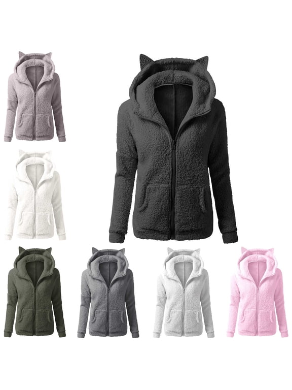 Women's Fuzzy Jackets Fleece Hooded Full Zipper Warm Fall Winter Loose Fur Coats Casual Thicken Cozy Comfy Outerwear Jackets
