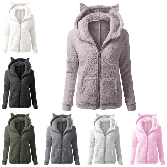 Danhjin Women's Fuzzy Jackets Fleece Hooded Full Zipper Warm Fall Winter Loose Fur Coats Casual Thicken Cozy Comfy Outerwear Jackets