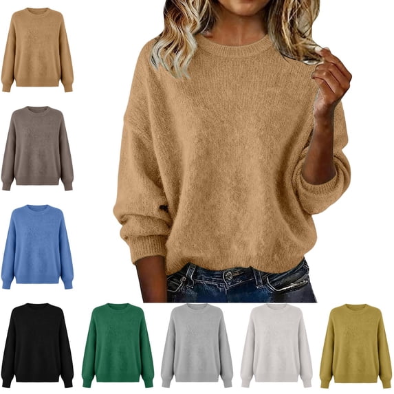 Danhjin Women's Fuzzy Sweaters Oversized Tops Long Sleeve Crew Neck Casual Pullover Fall Winter Fashion Comfy Soft Shirts Loungewear Outdoor Knitwear Blouses