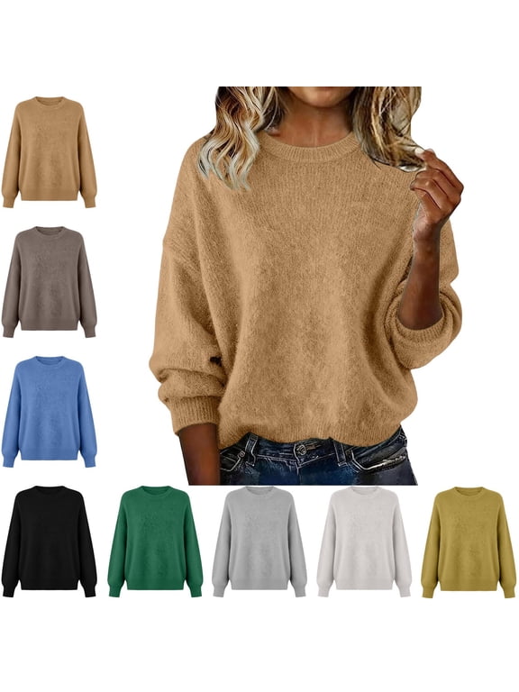 Women's Fuzzy Sweaters Oversized Tops Long Sleeve Crew Neck Casual Pullover Fall Winter Fashion Comfy Soft Shirts Loungewear Outdoor Knitwear Blouses