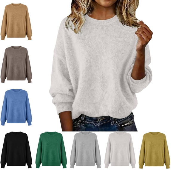 Danhjin Women's Fuzzy Sweaters Oversized Tops Long Sleeve Crew Neck Casual Pullover Fall Winter Fashion Comfy Soft Shirts Loungewear Outdoor Knitwear Blouses