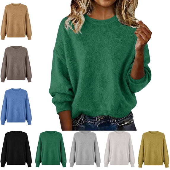 Danhjin Women's Fuzzy Sweaters Oversized Tops Long Sleeve Crew Neck Casual Pullover Fall Winter Fashion Comfy Soft Shirts Loungewear Outdoor Knitwear Blouses