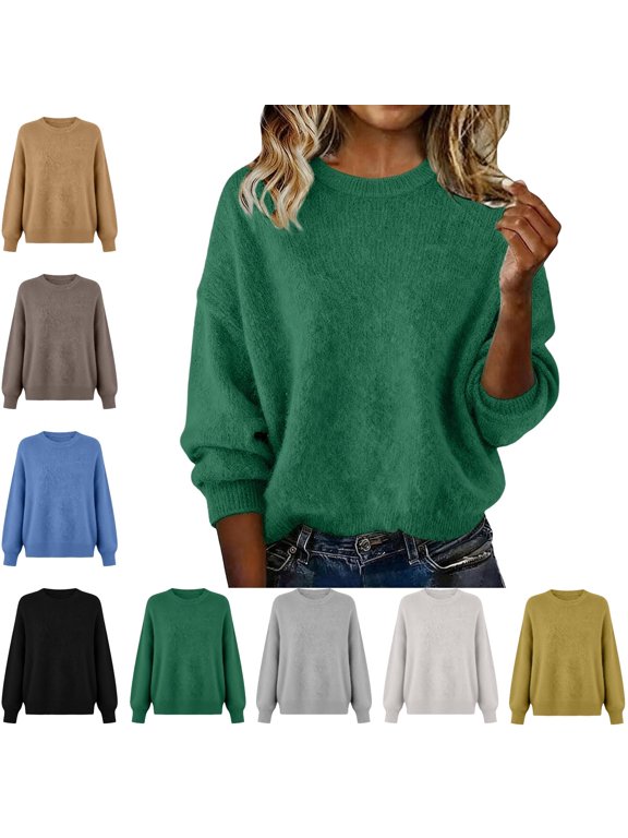 Women's Fuzzy Sweaters Oversized Tops Long Sleeve Crew Neck Casual Pullover Fall Winter Fashion Comfy Soft Shirts Loungewear Outdoor Knitwear Blouses