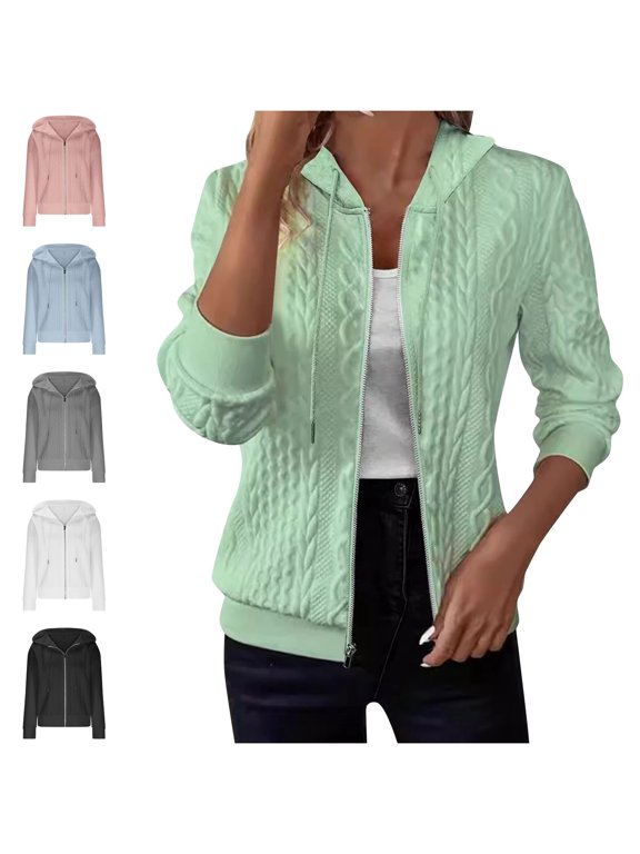 Women's Knitted Hoodies Full Zip up Jacket Cable Knit Fall Winter Sweatshirts Casual Comfy Fashion Solid Color Outwear Coats