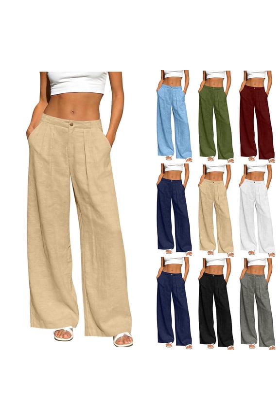 Women's Linen Pants Casual High Waisted Wide Leg Loose Straight Leg Spring Summer Vacation Comfy With Pockets Stretch Beach Pant