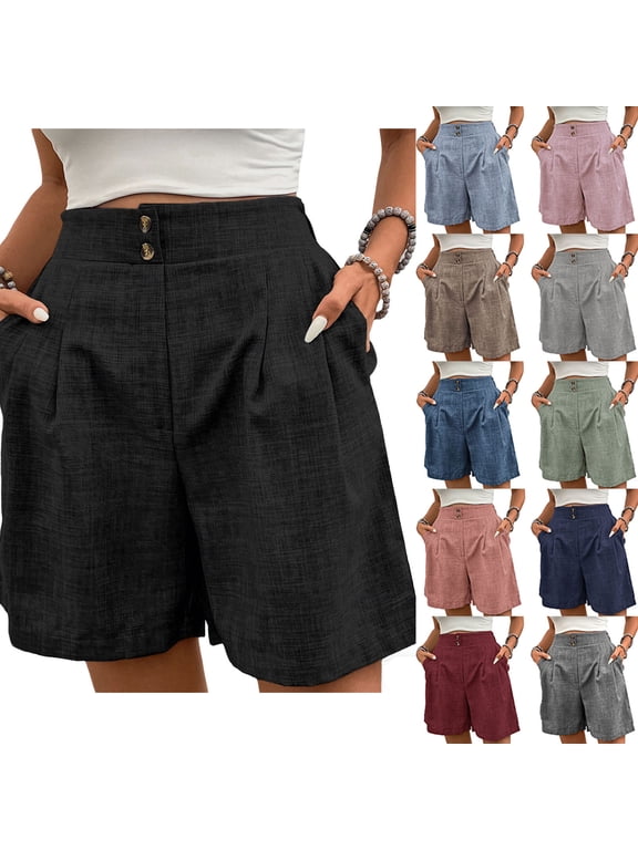 Women's Linen Shorts Summer Casual Loose Elastic Waist Wide Straight Leg Shorts With Pockets Comfyable Beach Vacation Dressy Shorts