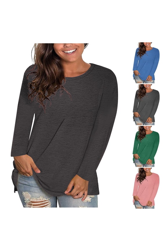 Women's Long Sleeve Shirts Crew Neck Fall Winter Solid Color Pullover Tops Loose Casual Shirts Comfy Soft Fashion Tees Blouses