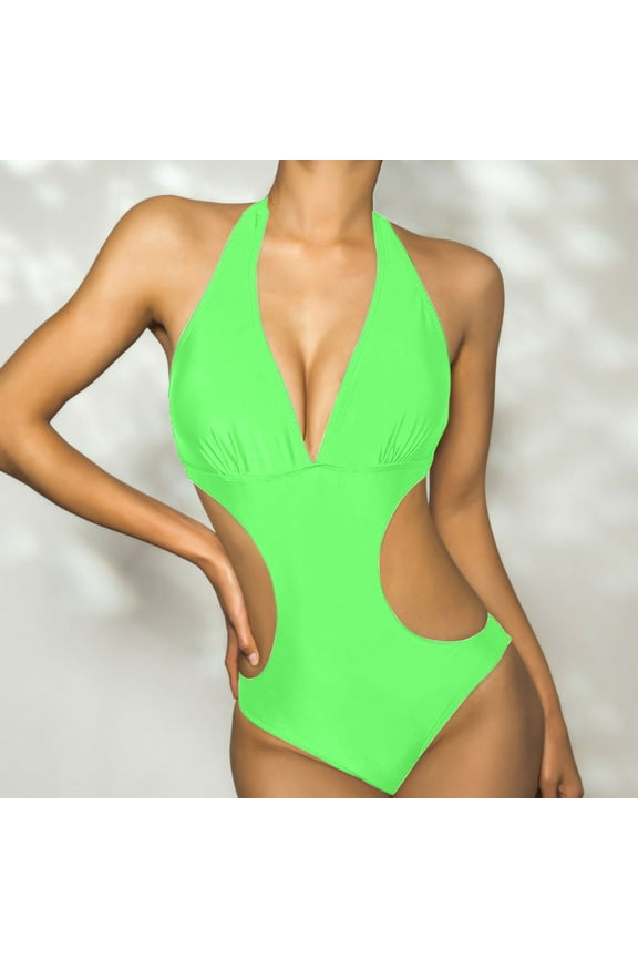 Danhjin Women's One Piece Bikini Swimsuit Pulls Up Bandage Solid Bikini Open Bikini Sexy Jumpsuit Swimsuit- Summer