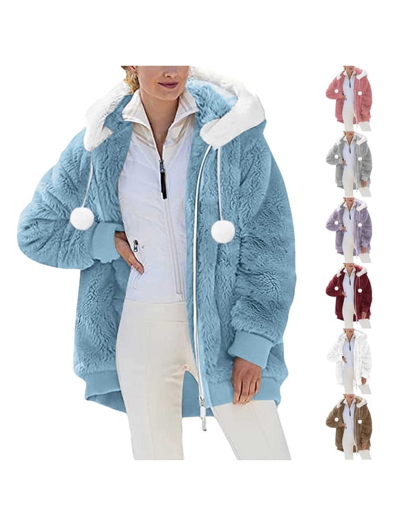 Women's Oversized Fleece Jackets Full Zipper Fuzzy Hooded Warm Fall Winter Loose Fur Coats Casual Thicken Cozy Comfy Jackets