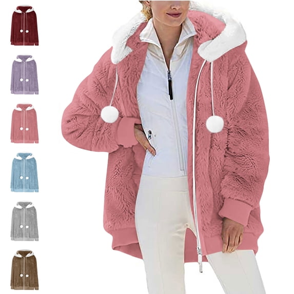Danhjin Women's Oversized Fleece Jackets Full Zipper Fuzzy Hooded Warm Fall Winter Loose Fur Coats Casual Thicken Cozy Comfy Jackets