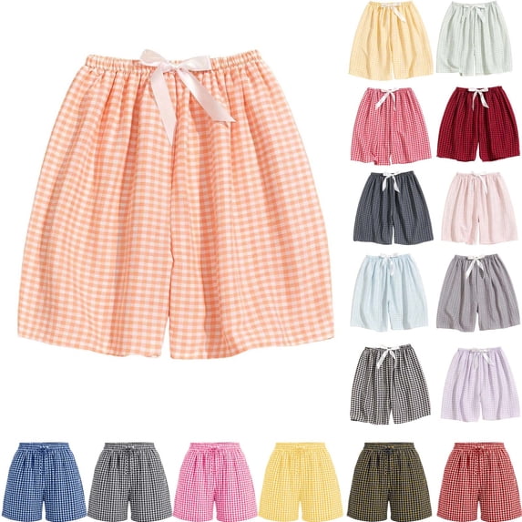 Danhjin Women's Plaid Short Summer Casual Elastic Waist with Drawstring Fashion Loungewear Going out Holiday Vacation Shorts with Pockets