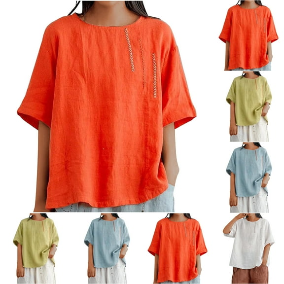 Danhjin Women's Plus Size Cre W Neck T Shirts Summer 3/4 Sleeve Tees Casual Loose Fits Cotton Tunic Tops