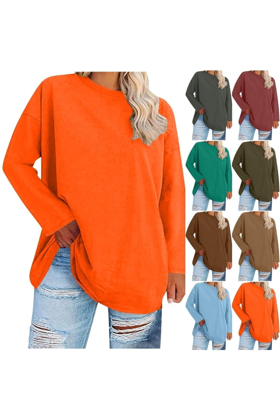 Women's Plus Size Shirts Long Sleeve Crew Neck Fall Winter Solid Color Pullover Tops Oversized Loose Casual Shirts Comfy Soft Fashion Tees Blouses