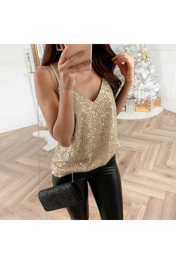 Danhjin Women's Plus Size Summer Sequin V Neck Sexy Tank Tops Loose Casual Sleeveless Vest Shirts Blouses S 5XL on