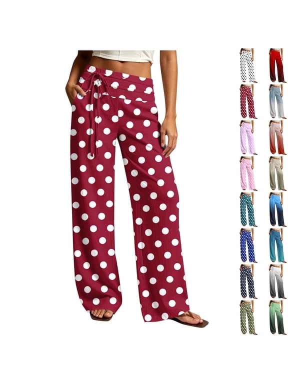 Women's Polka Dot Pants Wide Leg High Elastic Waist with Drawstring Print Fashion Flowy Palazzo Loose Vacation Trousers