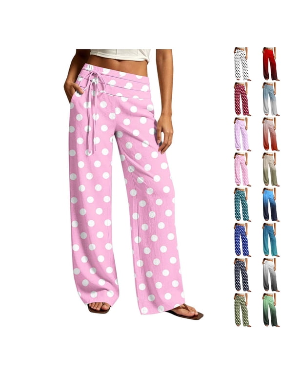 Women's Polka Dot Pants Wide Leg High Elastic Waist with Drawstring Print Fashion Flowy Palazzo Loose Vacation Trousers