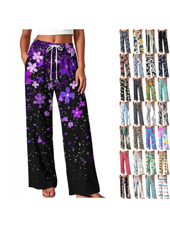 Women's Print Casual Pants High Elastic Waist with Drawstring Wide Leg Colorful Fashion Palazzo Loose Beach Vacation Trousers with Pockets