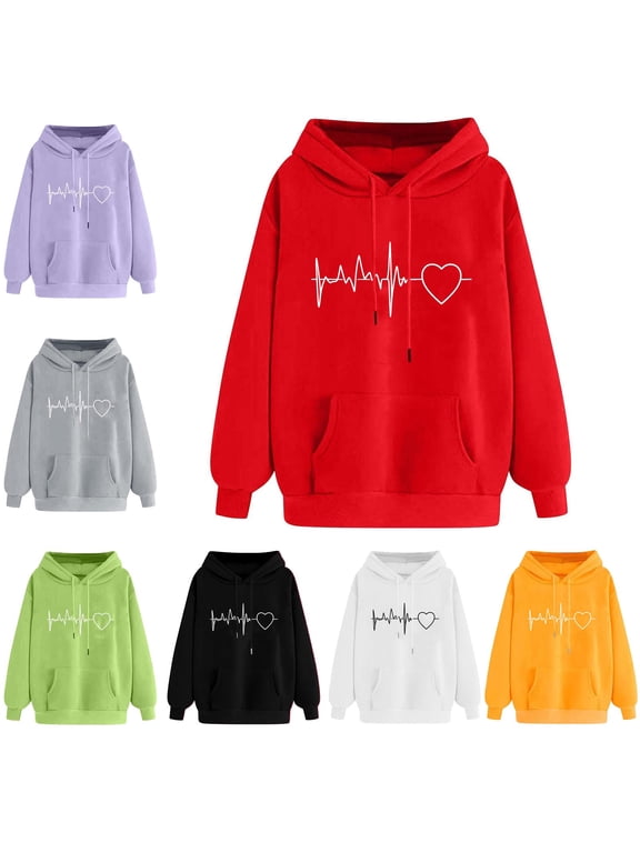 Women's Print Hoodies Fashion Pullover Sweatshirts Fall Winter Graphic Long Sleeve Loose Hooded Tops Drawstring Casual Comfy Shirts with Pocket