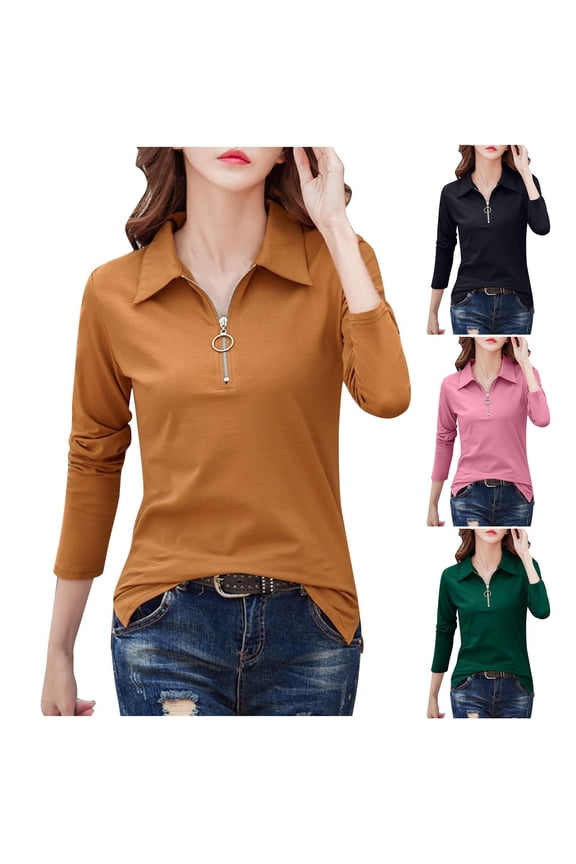 Women's Quarter Zip Shirts V Neck Long Sleeve Fall Winter Spring Solid Color Pullover Tops Casual Comfy Fashion Tees Blouses