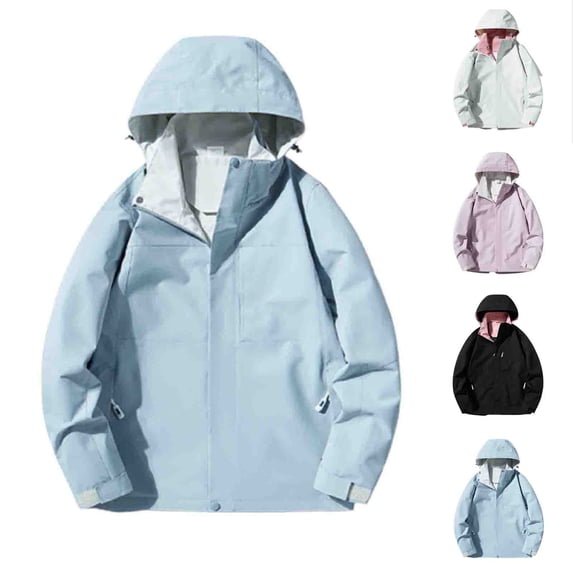 Danhjin Women's Raincoat Waterproof Rain Jackets Full Zipper Windbreak Hiking Coat Fall Winter Casual Camping Traveling Hooded Long Sleeve Solid Color Outdoor Fashion Outfits