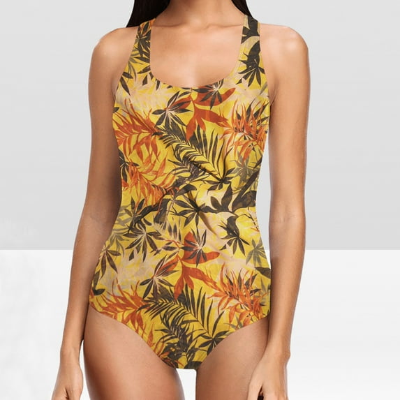 Danhjin Women's Slimming One Piece Swimsuits Floral Printed Tummys Control Bathing Suit Halter Retro Monokini for Big Busted Curvy Women