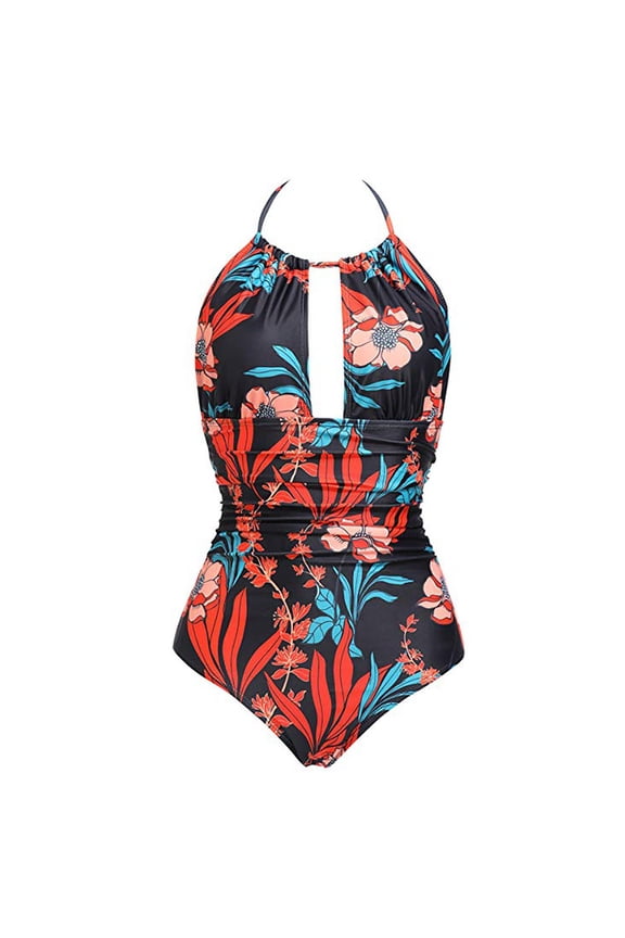 Danhjin Women's Slimming One Piece Swimsuits Floral Printed Tummys Control Bathing Suit Halter Retro Monokini for Big Busted Curvy Women