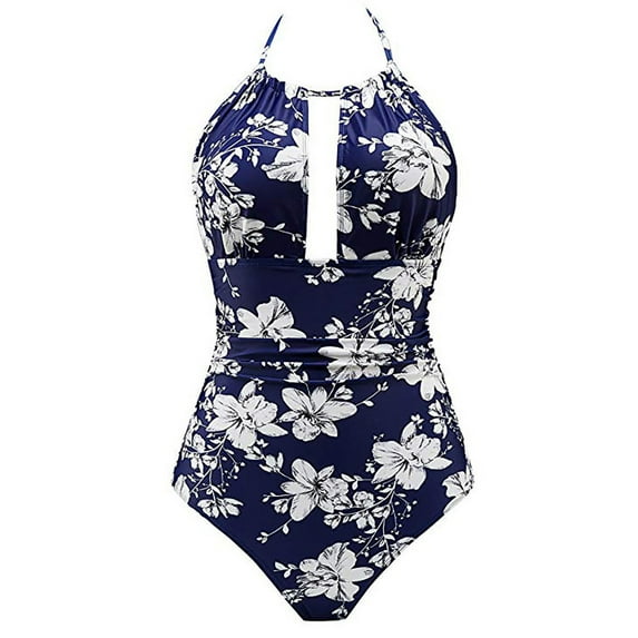 Danhjin Women's Slimming One Piece Swimsuits Floral Printed Tummys Control Bathing Suit Halter Retro Monokini for Big Busted Curvy Women