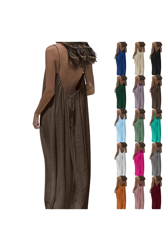 Women's Solid Color Backless Cami Dresses House-Dress Sleeveless Beach Vacation Maxi Dress Loose Flowy