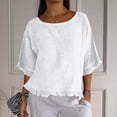 thumbnail image 1 of Danhjin Women's Summer Cotton Linen T-Shirt Round Neck Half Sleeve Ruffle Pleated Hem Shirts Casual Loose Solid Color Blouse Tops, 1 of 8