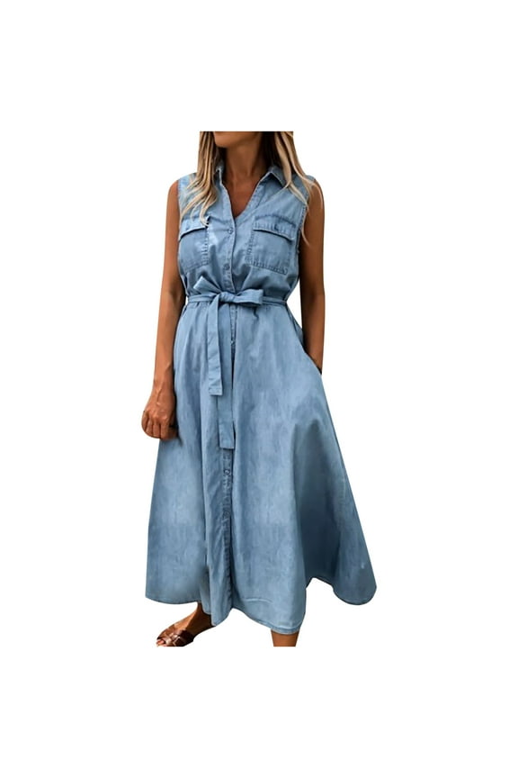 Danhjin Women's Summer Denim-Like Shirt Dress Short Sleeve Distressed Jeans Dress Button Casual Maxi Dress