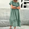 thumbnail image 1 of Women's Summer Dress Casual Cre W Neck Short Sleeve Pleated Flare Midi Dress Loose Swing Knee Length Dresses Ne W, 1 of 5
