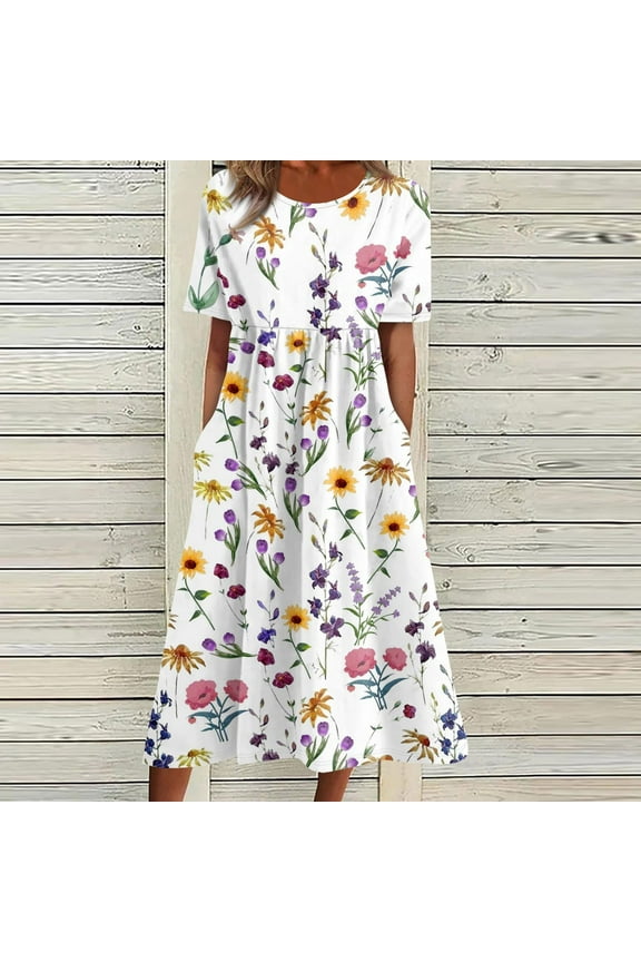 Women's Summer Dress Casual Cre W Neck Short Sleeve Pleated Flare Midi Dress Loose Swing Knee Length Dresses Ne W