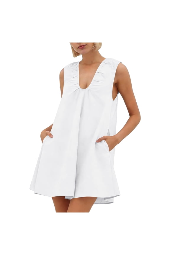 White Women's Summer Mini Dress V Neck Beach Dresses With Pockets Ruffle Sleeveless Wrap Casual Shift Dress Boho Beach Vacation Flowy