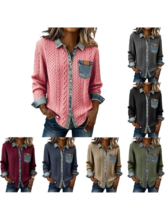 Women's Sweater Cardigan Button Down Denim Patch Cable Knit Casual Fall Winter Collar Long Sleeve Fashion Jackets Soft Stretchy Coats