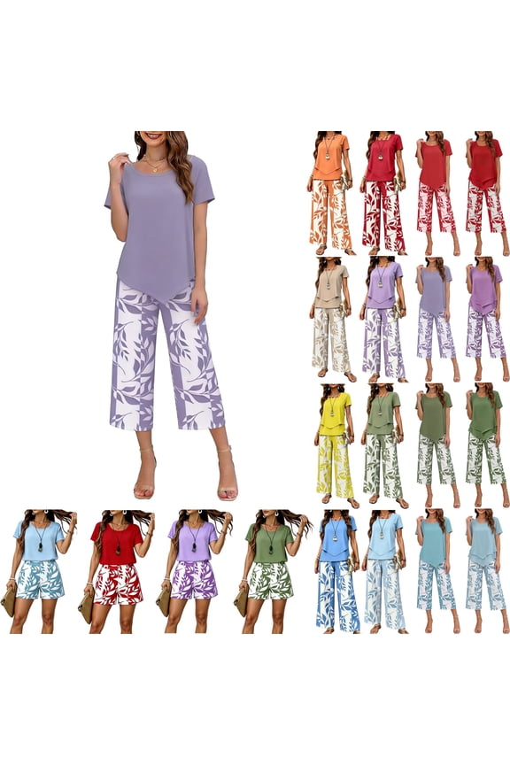Women's Two Piece Outfits Set Solid Irregular Short Sleeve Crew Neck Shirt and Leaves Print Fashion Wide Leg Baggy Capri Pant Summer Casaul Cool Going out Sets