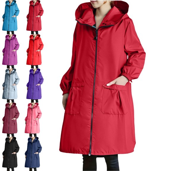 Danhjin Women's Waterproof Long Raincoat Rain Jackets Windbreak Hiking Coat Fall Winter Casual Camping Traveling Hooded Zip up Long Sleeve Solid Color Outdoor Fashion Outfits