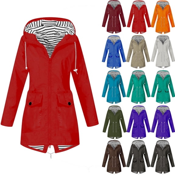Danhjin Women's Waterproof Raincoat Rain Jackets Windbreak Hiking Coat Fall Winter Casual Camping Traveling Hooded Zip up Long Sleeve Solid Color Outdoor Fashion Outfits