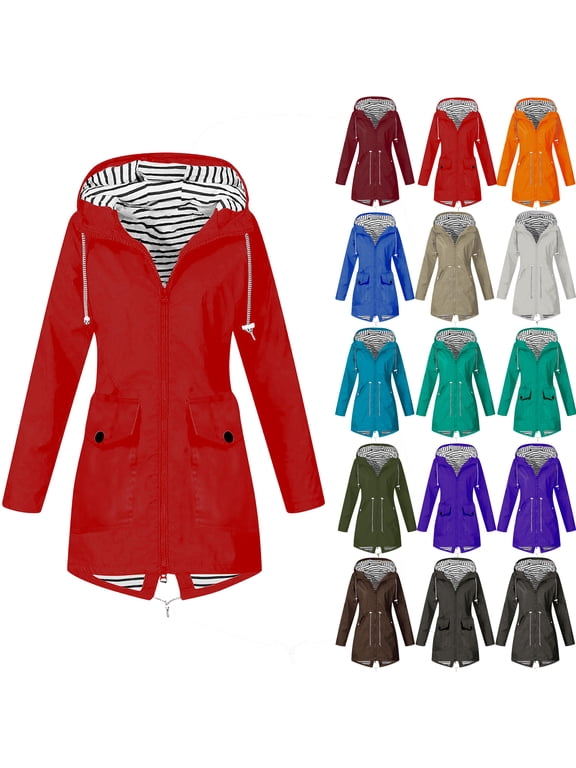 Women's Waterproof Raincoat Rain Jackets Windbreak Hiking Coat Fall Winter Casual Camping Traveling Hooded Zip up Long Sleeve Solid Color Outdoor Fashion Outfits