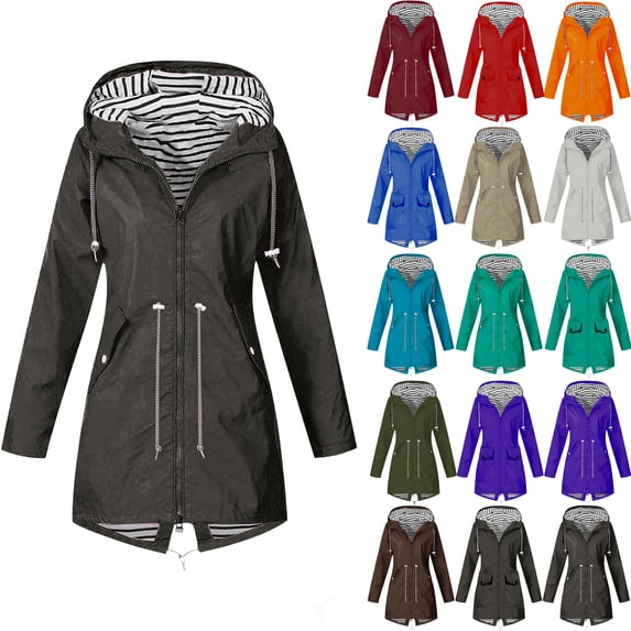 Danhjin Women's Waterproof Raincoat Rain Jackets Windbreak Hiking Coat Fall Winter Casual Camping Traveling Hooded Zip up Long Sleeve Solid Color Outdoor Fashion Outfits