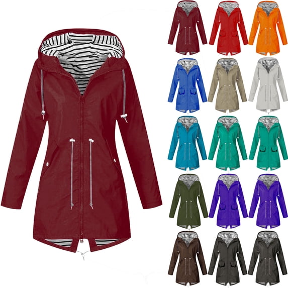 Danhjin Women's Waterproof Raincoat Rain Jackets Windbreak Hiking Coat Fall Winter Casual Camping Traveling Hooded Zip up Long Sleeve Solid Color Outdoor Fashion Outfits