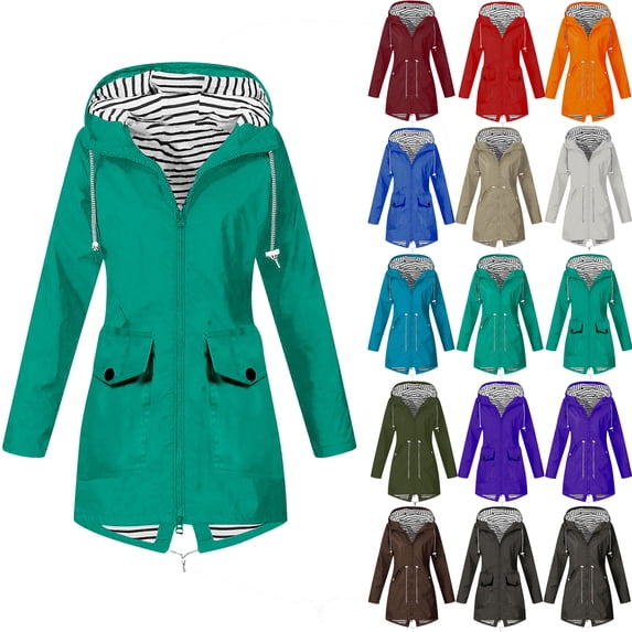 Danhjin Women's Waterproof Raincoat Rain Jackets Windbreak Hiking Coat Fall Winter Casual Camping Traveling Hooded Zip up Long Sleeve Solid Color Outdoor Fashion Outfits