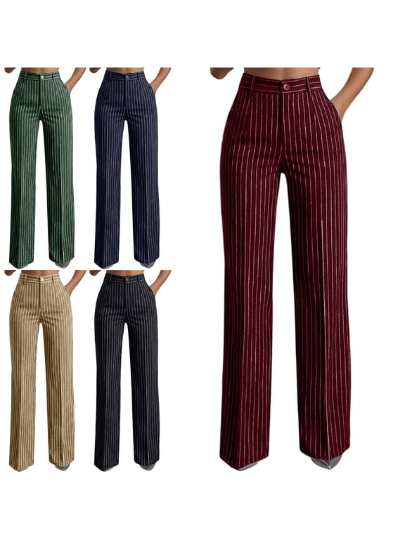Women's Work Dress Pants Striped Business Casual Pants Office Formal High Waist Drapy Slacks Wide Leg Trousers with Pockets