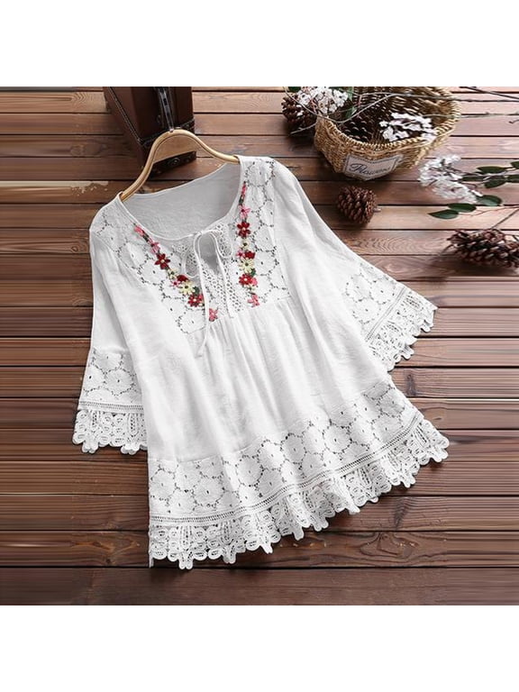 Danhjin Womens 3/4 Bell Sleeve Blouse Summer Crewneck Lace Tops Floral Textured Shirts Casual Tunic Blouses Tops - Summer