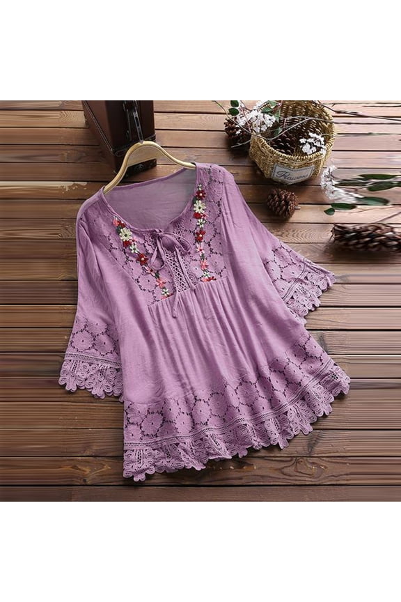 Danhjin Womens 3/4 Bell Sleeve Blouse Summer Crewneck Lace Tops Floral Textured Babydoll Shirts Casual Tunic Blouses Tops - Summer