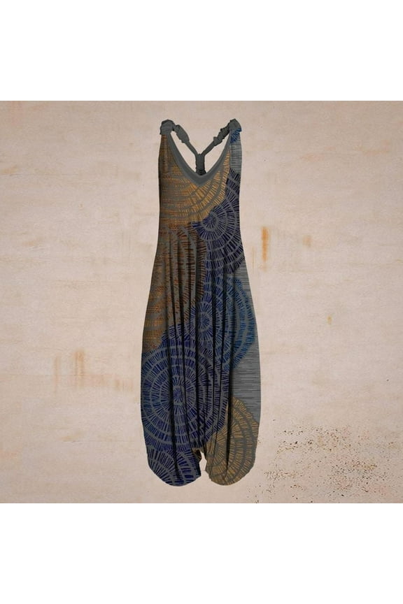 Womens Boho Print Vintage Casual Jumpsuits Summer Sleeveless Spaghetti Straps Long Harem Pants Jumpsuit Rompers Overall on Clearance