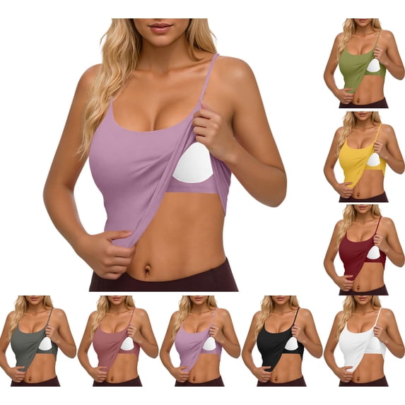 Danhjin Womens Built in Bra Tank Tops Sleeveless Spaghetti Straps Tank Top Summer Springs Loungewear Outdoor Casual Comfy Lightweight U Neck Solid Color Top
