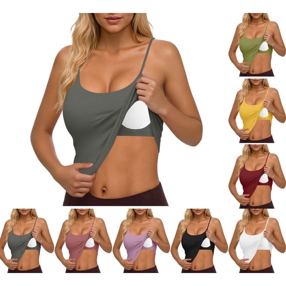 Danhjin Womens Built in Bra Tank Tops Sleeveless Spaghetti Straps Tank Top Summer Springs Loungewear Outdoor Casual Comfy Lightweight U Neck Solid Color Top
