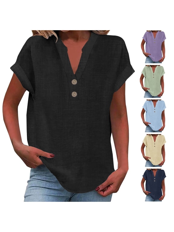 Womens Button Down Shirts Short Sleeve Soild Color Linen V Neck Tops Casual Collared Button Down Blouses Loose Spring Summer Beach Tops